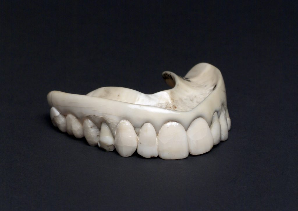 Carved from ivory, this upper denture includes human front teeth. Ivory was an expensive material so such dentures could only have been afforded by wealthier people. The presence of human teeth adds a slightly sinister dimension. They may have been taken from poor, and often very unhealthy, volunteers who were paid by physicians and tooth pullers for their teeth. More likely the teeth would have come from one or more dead bodies. One major source of teeth in the early 1800s was the battlefields of Europe. After a battle, the dead were not only stripped of clothing and valuable personal possessions, they could also lose their teeth, prised out in their thousands by men who recognised the value of this human commodity. So many teeth were removed for this reason following the Battle of Waterloo in 1815 that the market was flooded and dentures that included human teeth became known as Waterloo teeth. maker: Unknown maker Place made: England, United Kingdom made: 1801-1860 Published: - Copyrighted work available under Creative Commons Attribution only licence CC BY 4.0 http://creativecommons.org/licenses/by/4.0/